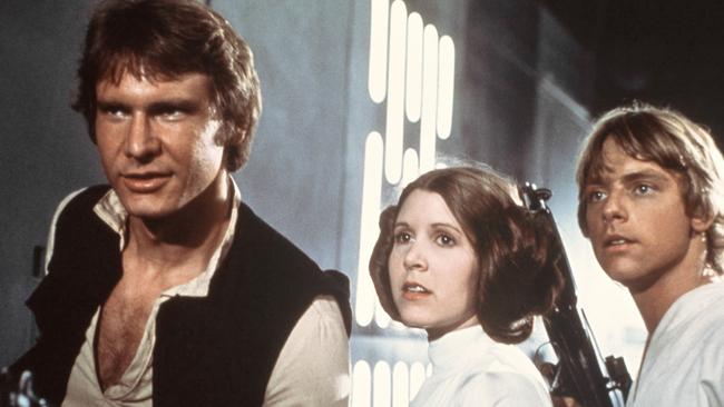 Harrison Ford, Carrie Fisher, and Mark Hamill in Star Wars.