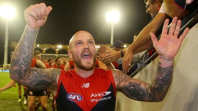 Nathan Jones celebrates the Round 7 win over Gold Coast at Metricon Stadium. Photo by Chris Hyde.