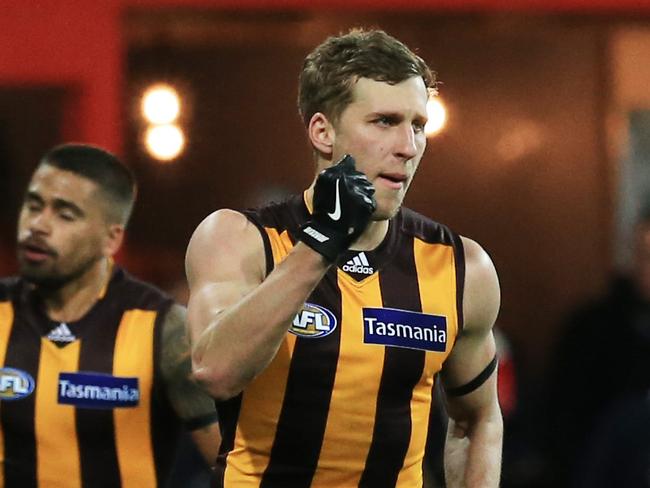 Jonathan O'Rourke celebrates a goal for Hawthorn. Picture: Mark Evans. 