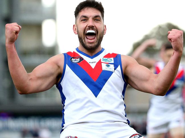 Ozgur Uysal of West Preston-Lakeside celebrates a goal during NFL grand final: Greensborough v West Preston-Lakeside on Saturday, September 21, 2019, in Preston, Victoria, Australia. Picture: Hamish Blair