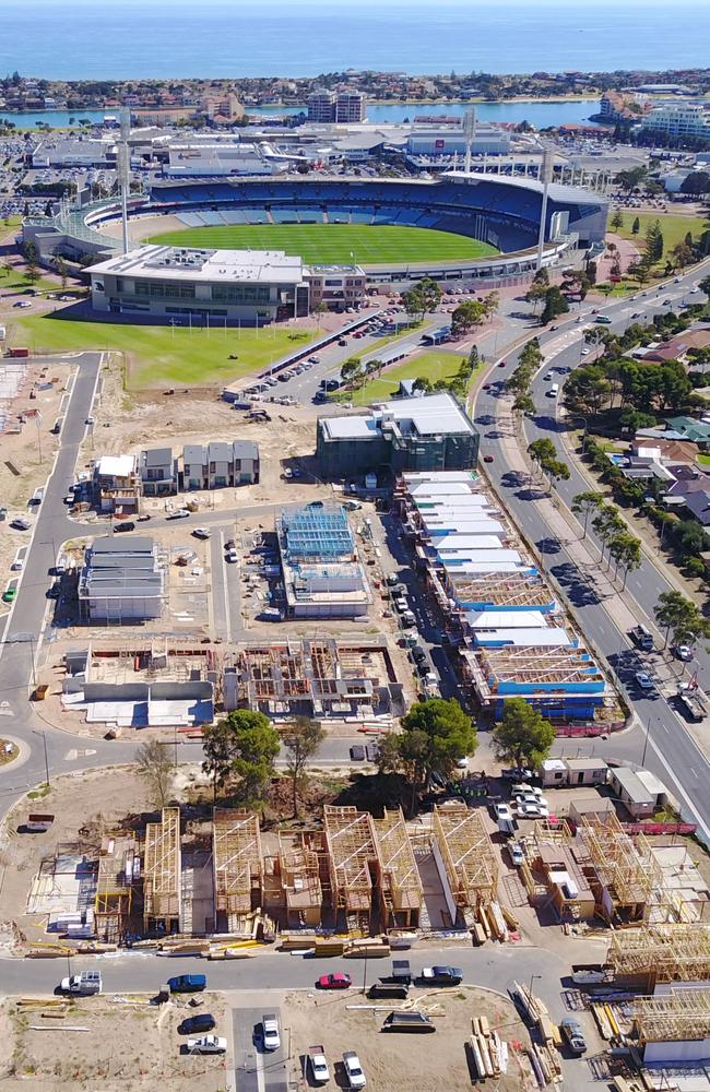 A screen grab from the drone footage of the housing development around Football Park in West Lakes. Source: srogersvideography