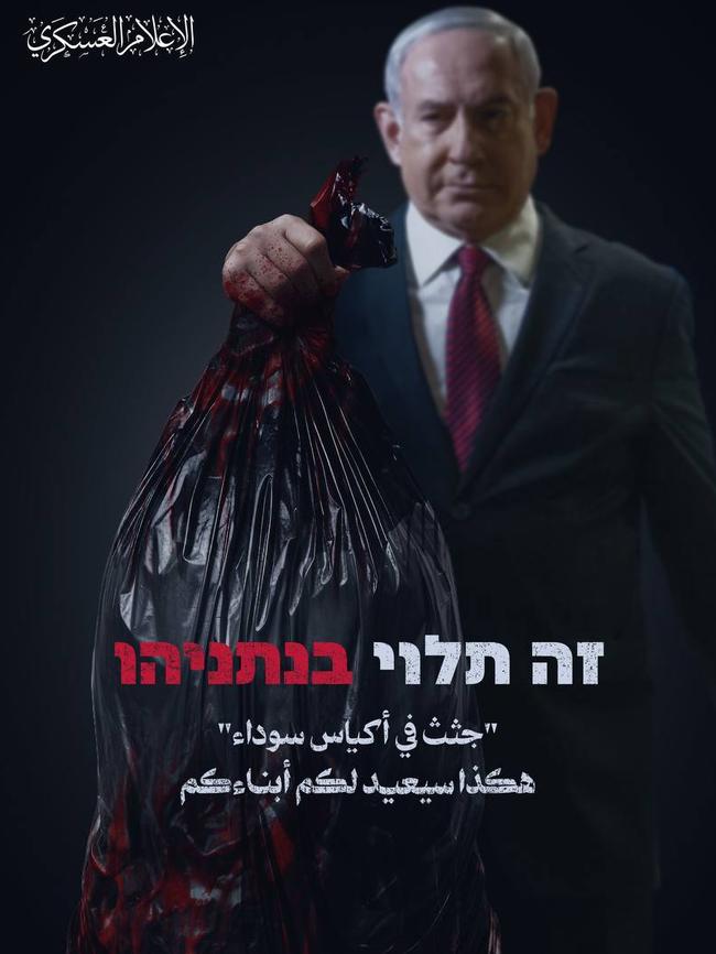 Hamas published a picture of Benjamin Netanyahu holding a body bag. Picture: Telegram.