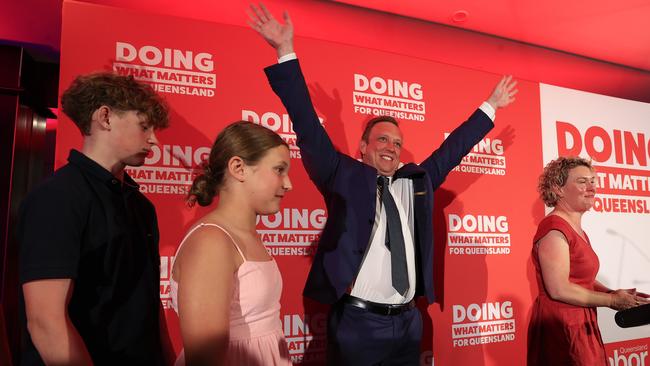 Premier Steven Miles and wife Kim and daughter Bridie, sons Aidan and Sam at the Labor Headquarters Election Campaign Party at Murrumba Downs Tavern. Pic: Adam Head