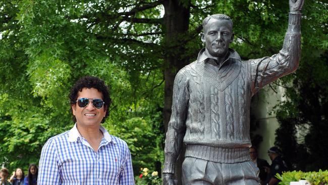 Photographer: Simon Bullard. Sachin Tendulkar in Bowral. Indian international cricketing legend, Sachin Tendulkar in Bowral to visit the Bradman Musuem after being inducted into the Cricketing Hall of Fame. At the Sir Donald Bradman statue.