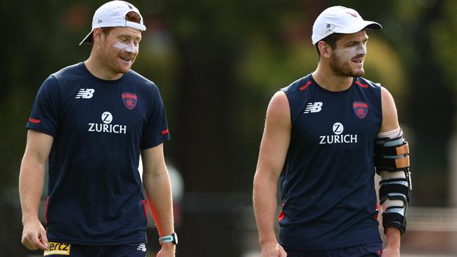 Angus Brayshaw (right) sporting an elbow brace at training. Picture: Getty Images