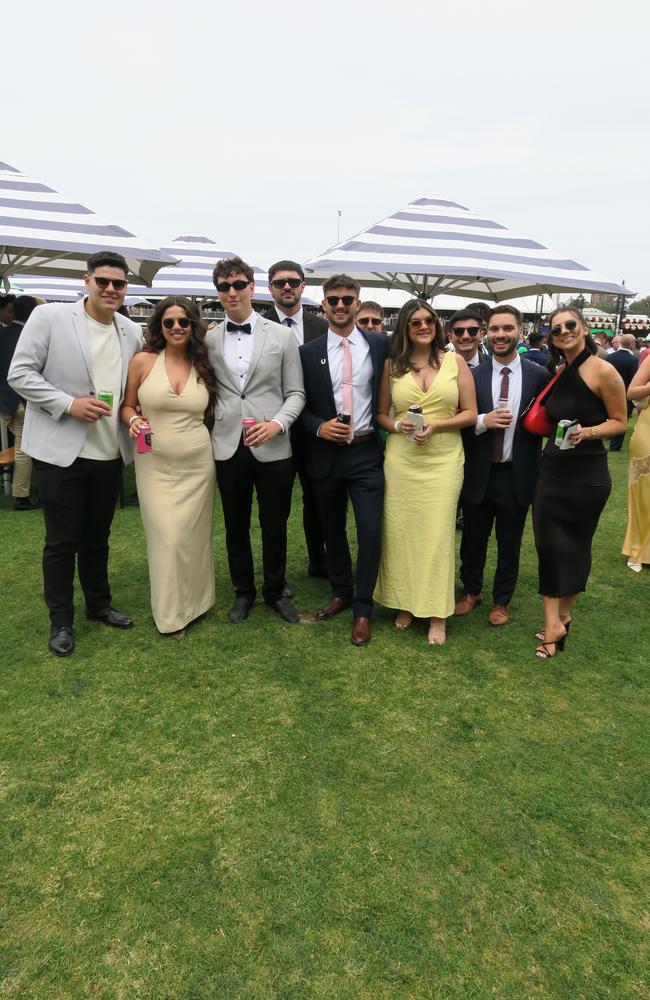 Veronica's group at Seppelt Wines Stakes Day 2024 at Flemington Racecourse. Picture: Gemma Scerri