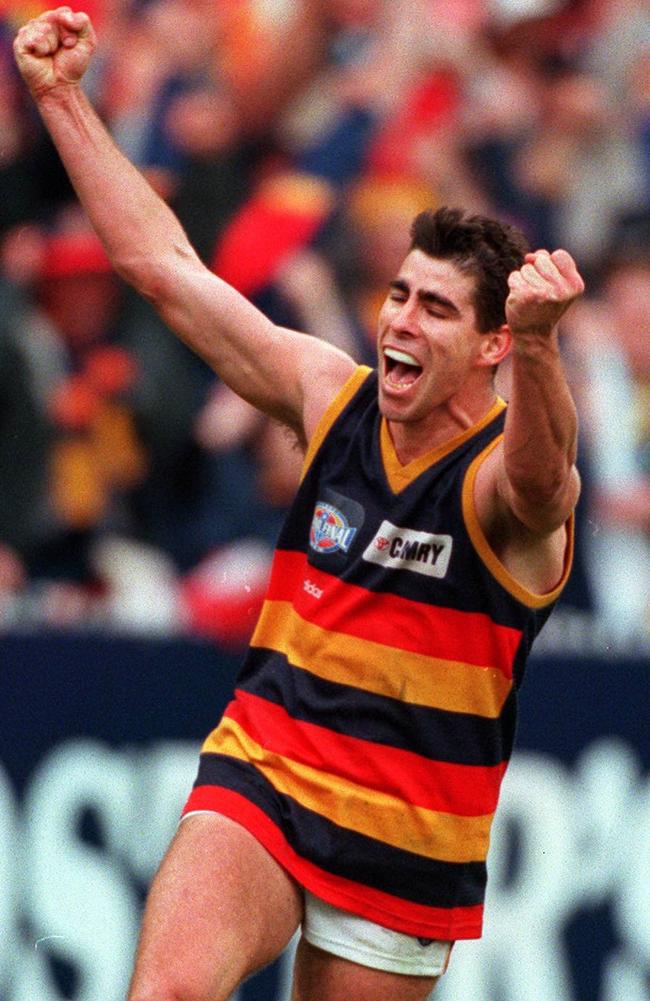 Adelaide Crows’ Darren Jarman celebrates kicking his sixth goal in the 1997 AFL grand final.