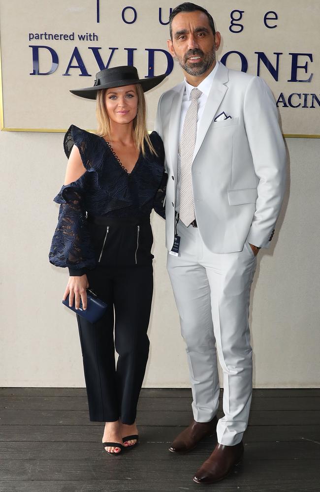 Natalie Crocker and Adam Goodes attend the David Jones Marquee on Caulfield Cup Day. Picture: Scott Barbour, Getty Images.