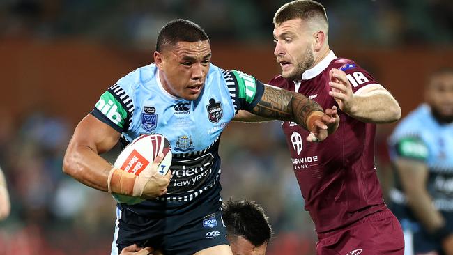 Tyson Frizell won back his Blues jersey but was stunned to learn Knights teammates Kalyn Ponga and Dane Gagai had been dropped by Queensland selectors. Picture: Cameron Spencer / Getty Images