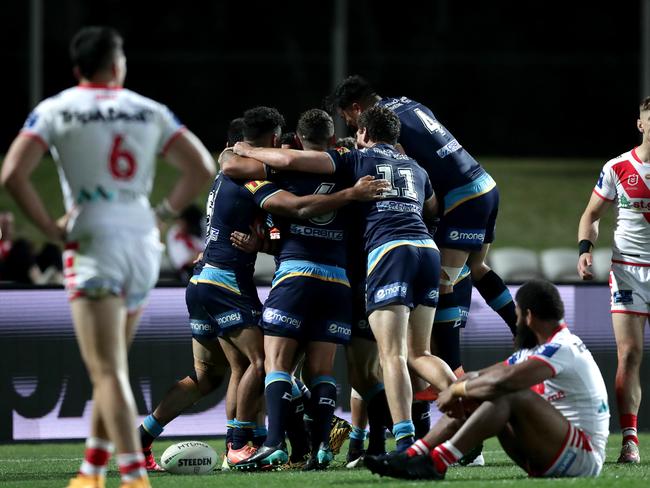 Jamal Fogarty of the Titans celebrates after scoring the match winning try. Picture: Mark Metcalfe/Getty Images