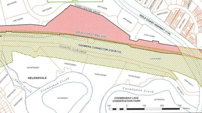 The government's map showing the Coomera Connector's location on multiple blocks of creekfront land which were owned by developer Villaworld before being resumed for $60m in August 2021.