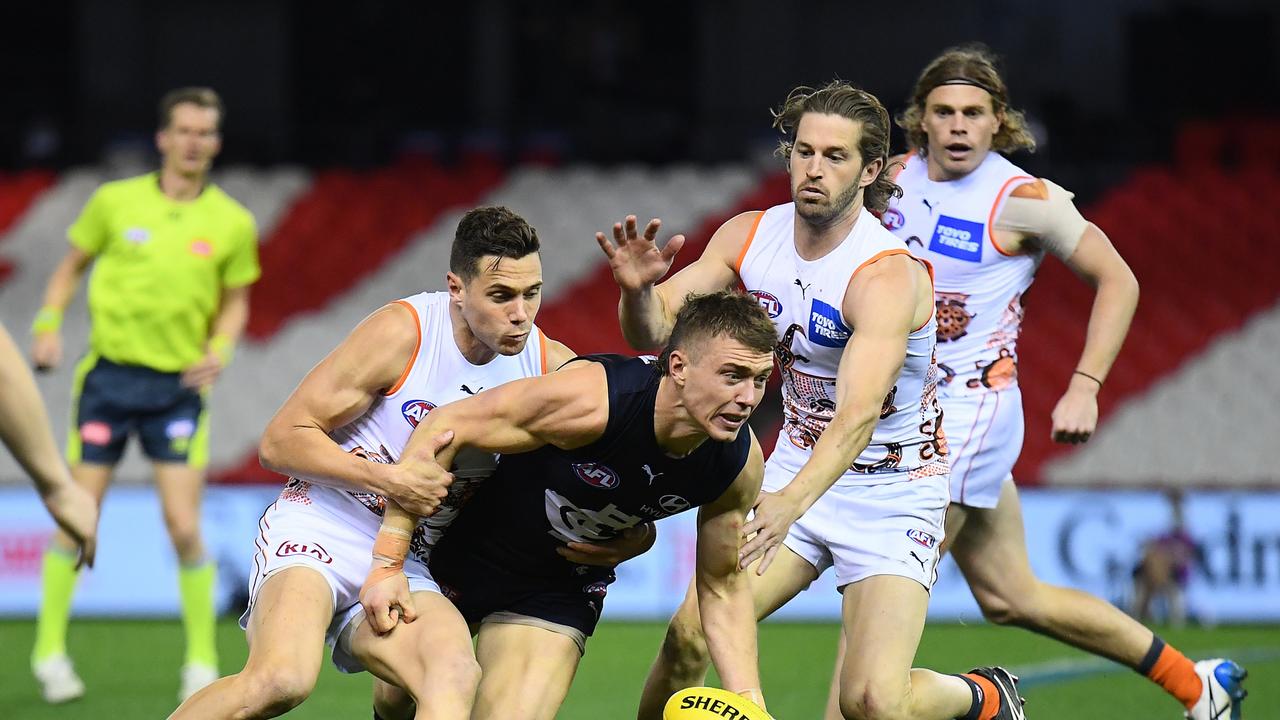 Patrick Cripps did not record a kick among 17 disposals against the Giants before being subbed out. Picture: Quinn Rooney/Getty Images