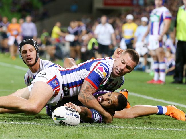 Josh Addo-Carr gets the ball over the try line to score. Pic: Michael Klein