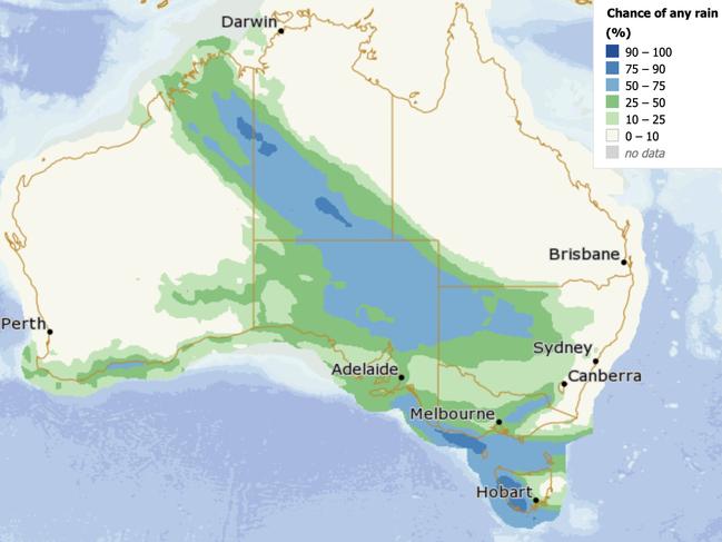 The chance of rain across Australia on Tuesday. Picture: BOM.