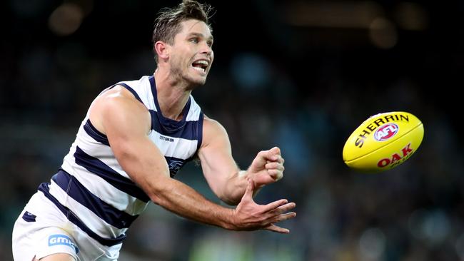 Veteran forward Tom Hawkins has the experience to turn around a quiet period for the Cats. AAP