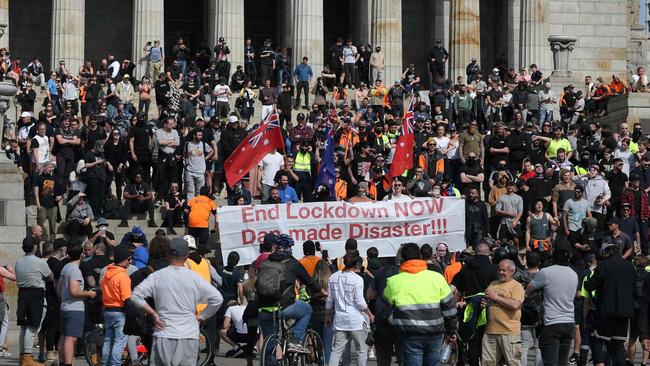 Construction workers and demonstrators at the Shrine on Wednesday. Picture: Con Chronis