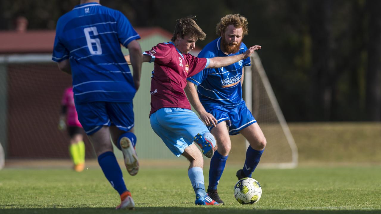 Dan Weber (left) of St Albans and Aaron Chalmers of Rockville in Toowoomba Football League Premier Men round 15 at Middle Ridge Park, Sunday, October 11, 2020. Picture: Kevin Farmer