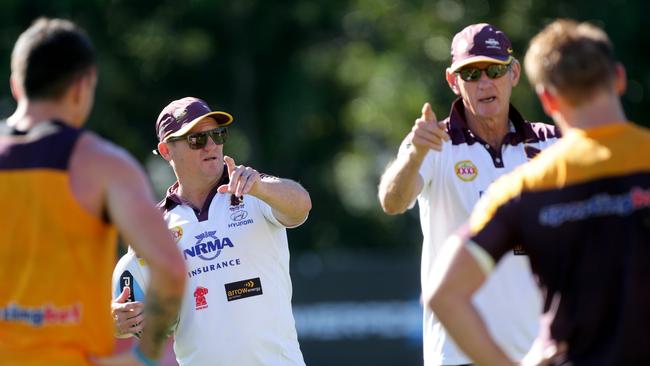 Kevin Walters and Wayne Bennett in coaching roles at a Brisbane Broncos training. Picture: Darren England