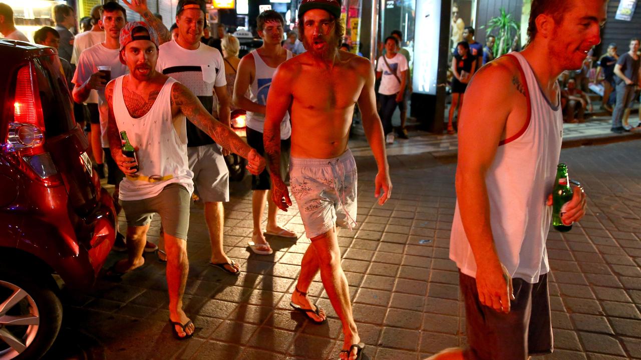 Aussie tourists seen on the streets in Kuta, Bali. Picture: Nathan Edwards