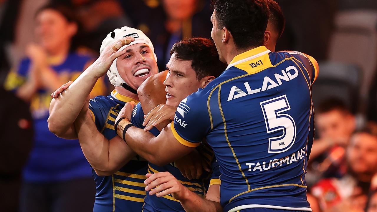 Mitchell Moses after scoring a try (Photo by Mark Kolbe/Getty Images)