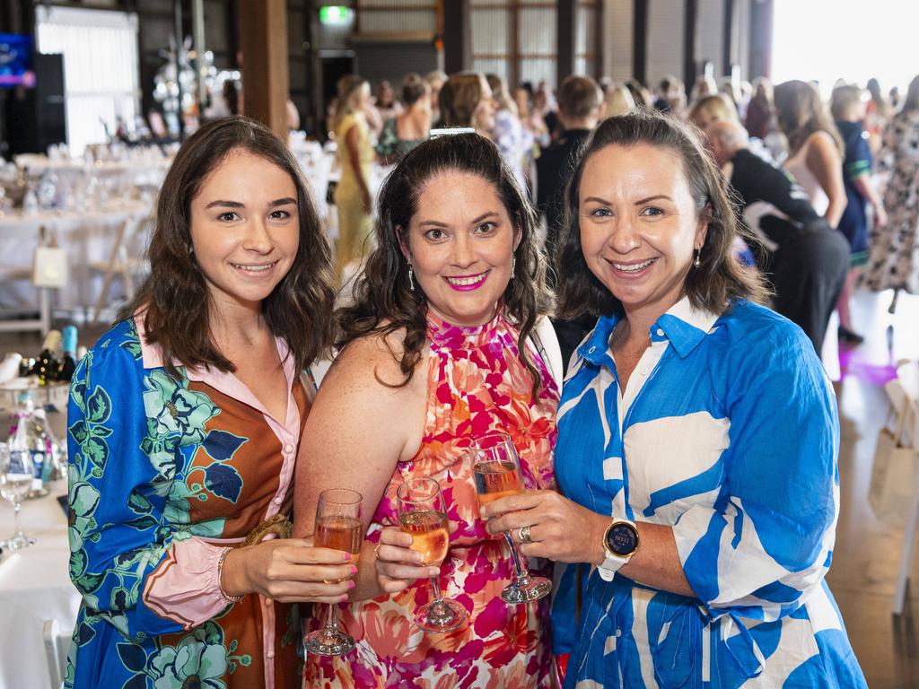 At the Ladies Diamond Luncheon are (from left) Rhany Bowdler, Emily Rogers and Emma Bowdler hosted by Toowoomba Hospital Foundation at The Goods Shed, Friday, October 11, 2024. Picture: Kevin Farmer