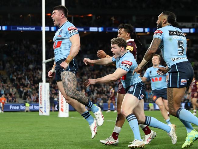 NSW debutant Bradman Best celebrates one of his two tries.