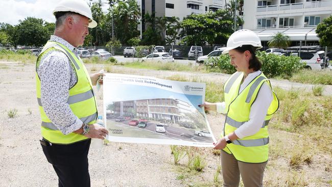 Cairns MP Michael Healy and Queensland Minister Health, Yvette D'Ath, with a drawing of the $70 million Cairns Hospital mental health unit. Picture: Brendan Radke