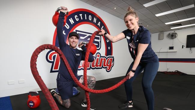 Luke Hogbin and Emily Crawford at the F45 gym. Picture: Alex Coppel