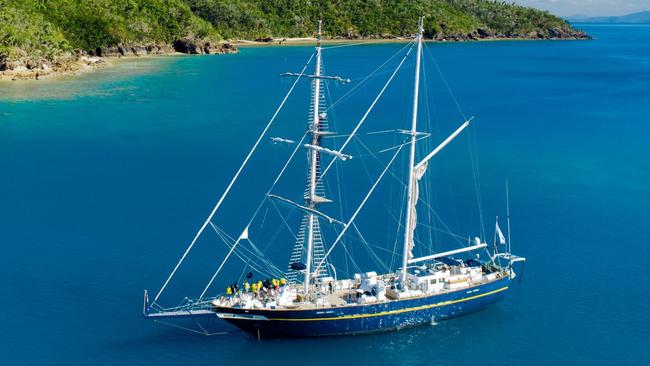 Royal Australian Navy Sail Training Ship, Young Endeavour sails in the Whitsundays, Queensland.