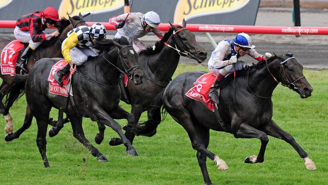 So You Think (black and white checks and yellow sleeves) finishes third behind Americain in 2010. Picture: George Salpigtidis