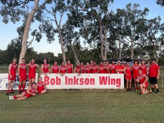 22 tired bodies gathered around the famous Bob Inkson wing with the side coming together like a family during the early stages of this 2023 campaign.  Picture: Eastern Swans