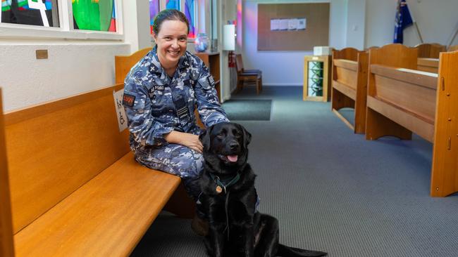 Chaplain Karen Haynes and Connie at the RAAF Darwin. Picture: Pema Tamang Pakhrin