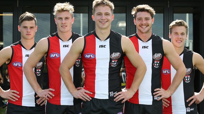 Five of St Kilda’s Jacks: Jack “Latte” Billings, Jack “John” Lonie, Jack “Jill” Newnes, Jack “Pins” Sinclair, Jack “Bluey” Steele and Jack “Stuv” Steven. Picture: George Salpigtidis