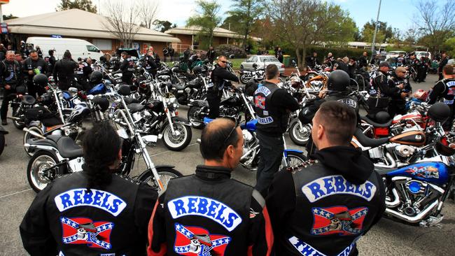 Rebels members prepare to ride in a procession of more than 300 from their Bringelly club house.