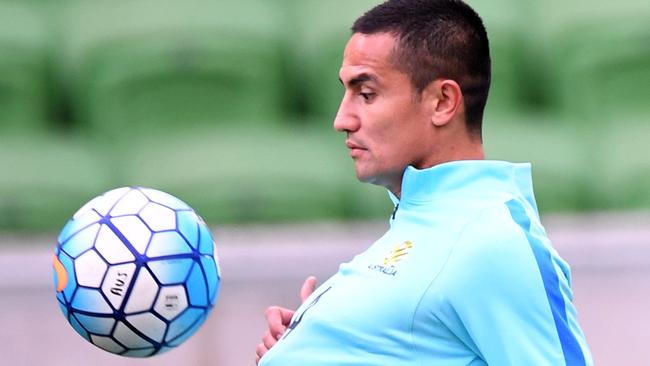 Socceroo Tim Cahill training at AAMI Park on Monday. Picture: AAP Image/Julian Smith