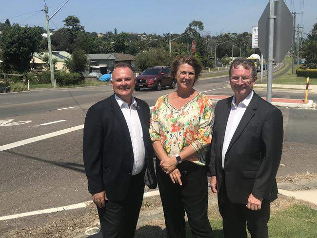 NSW Roads Minister Melinda Pavey with Terrigal Liberal MP Adam Crouch (left) and Liberal candidate Brian Perrem.