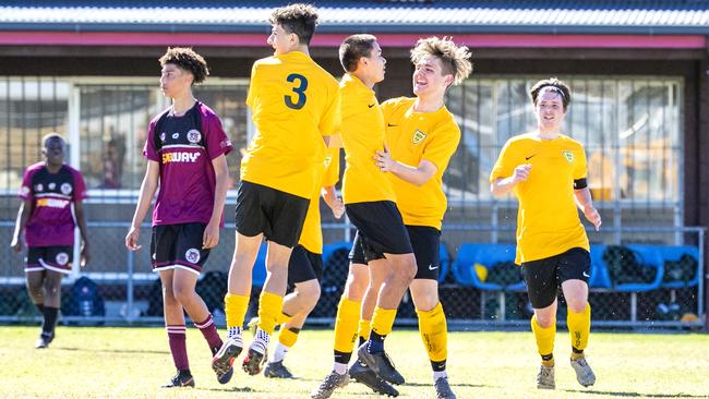 Corinda celebrate a late goal in the Queensland Schools Premier League Football match between Marsden and Corinda at Darra, Thursday, July 30, 2020 - Picture: Richard Walker