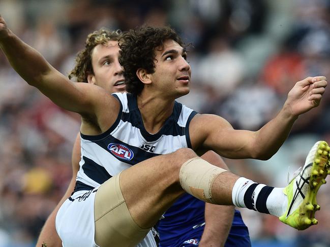 Nakia Cockatoo kicks a goal for Geelong. Picture: Julian Smith