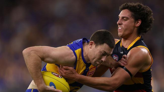 James Borlase tackles Jeremy McGovern in round 24. Picture: Getty Images
