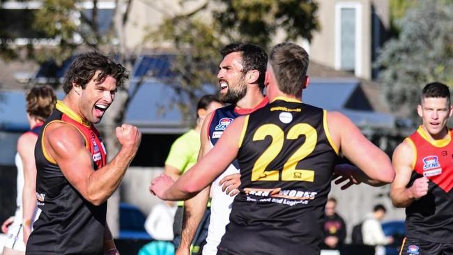 Nathan Freeman celebrates one of his two goals. Picture: Jake Marriner/Jam_Visuals