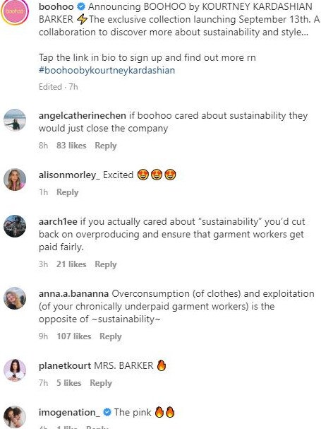 Dozens of Instagram users took to the comments of Boohoo’s announcement to call out the irony. Picture: Supplied