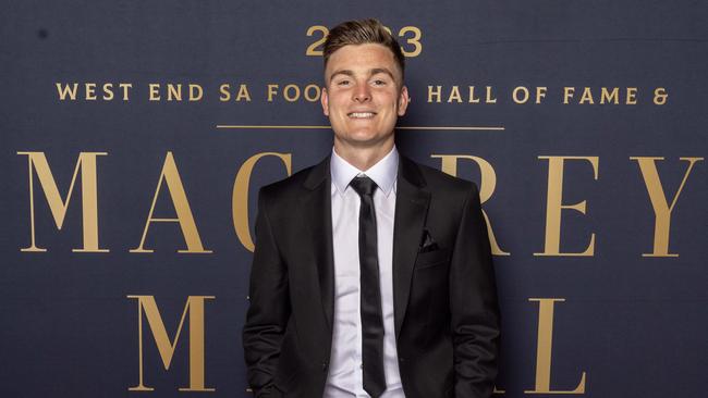 Central District’s midfielder Harry Grant on the Red Carpet at the Magarey Medal Presentation at Adelaide Oval. Picture: Kelly Barnes