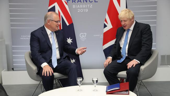 Australian Prime Minister Scott Morrison, pictured with UK Prime Minister Boris Johnson at the G7 summit in Biarritz, France last year, will be hoping to capitalise on trade opportunities created by Britain’s exit from the European Union. Picture: Adam Taylor/PMO