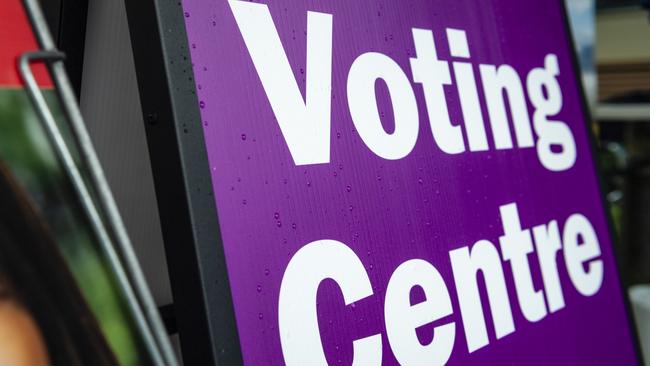 An AEC voting centre sign is seen outside a Groom pre-poll booth, Monday, May 9, 2022. Picture: Kevin Farmer