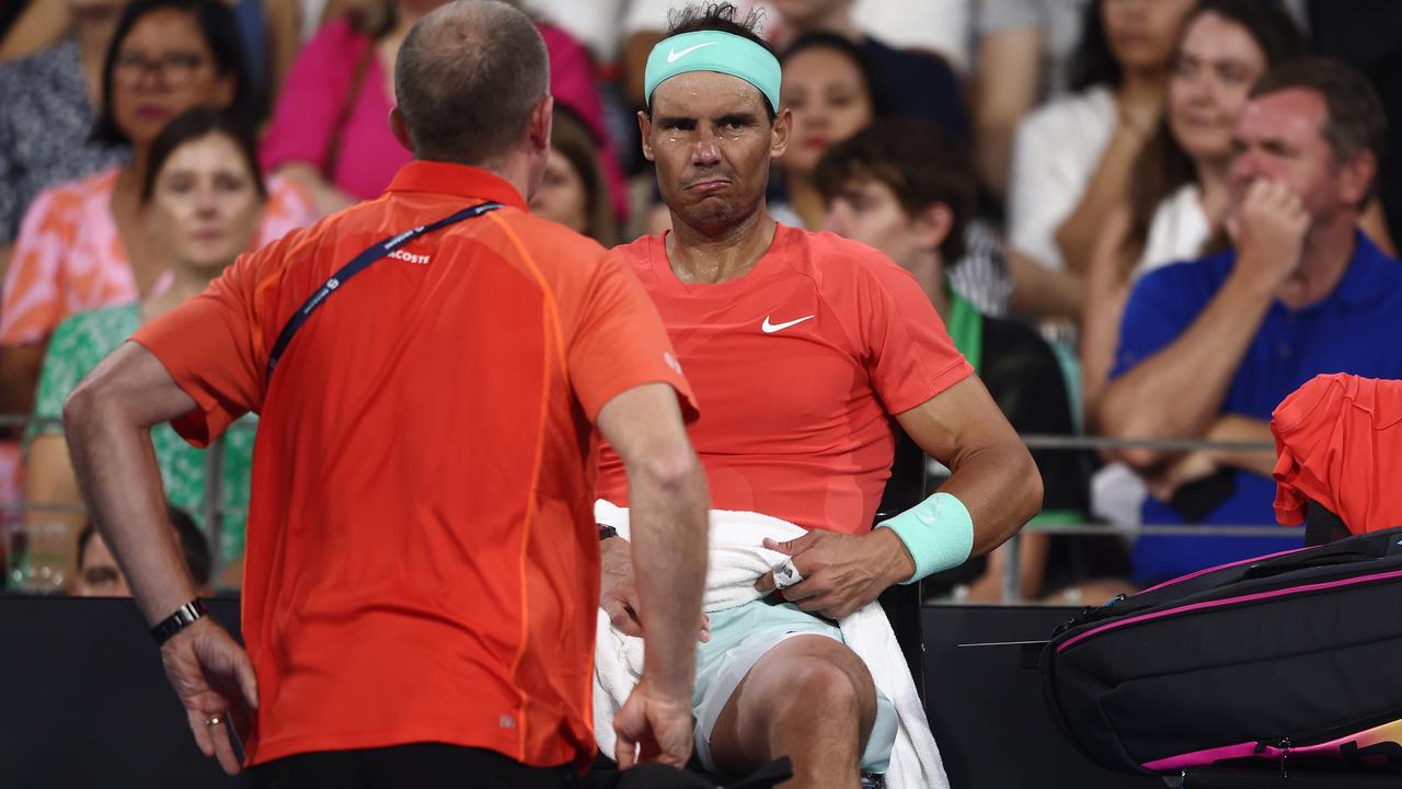 Rafael Nadal of Spain receives treatment in his match against Jordan Thompson of Australia during day six of the 2024 Brisbane International at Queensland Tennis Centre on January 05, 2024 in Brisbane, Australia. (Photo by Chris Hyde/Getty Images)