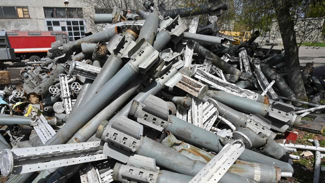 A pile of missile remains collected by members of the State Emergency Service of Ukraine after shellings in Kharkiv. Picture: AFP