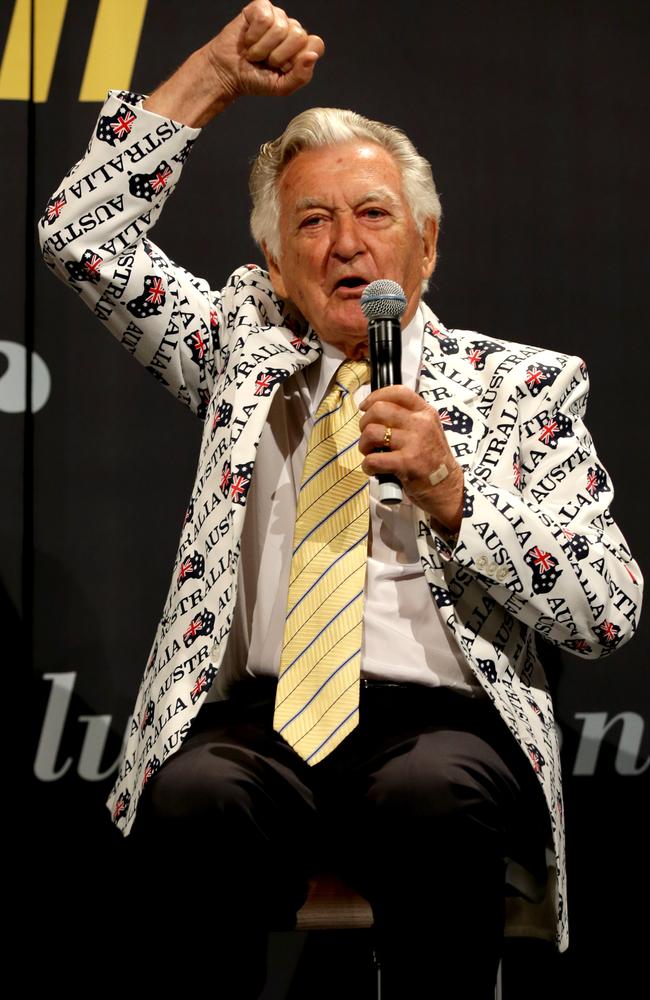 Bob Hawke in the famous jacket on stage during a luncheon to commemorate the 30th Anniversary of Australia II's America's Cup victory at the Hilton Hotel in 2013. Picture: Gregg Porteous