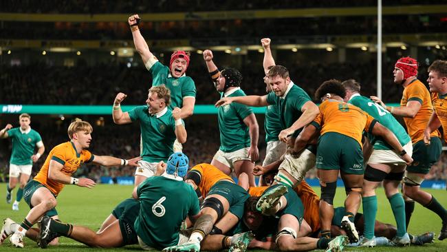 Ireland celebrate Gus McCarthy’s match winning try. Picture: David Rogers/Getty Images