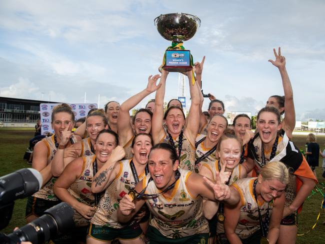 PINT celebrate their win in the 2023-24 NTFL Women's Grand Final between against St Mary's. Picture: Pema Tamang Pakhrin