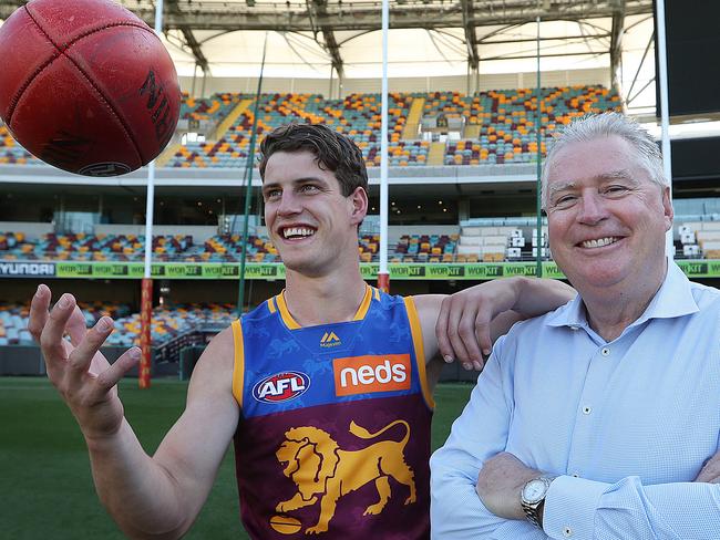 3/9/2019: Brisbane Lions AFL team CEO Greg Swann with current player midfielder Jarrod Berry, at the Gabba, Brisbane . Lyndon Mechielsen/The Australian